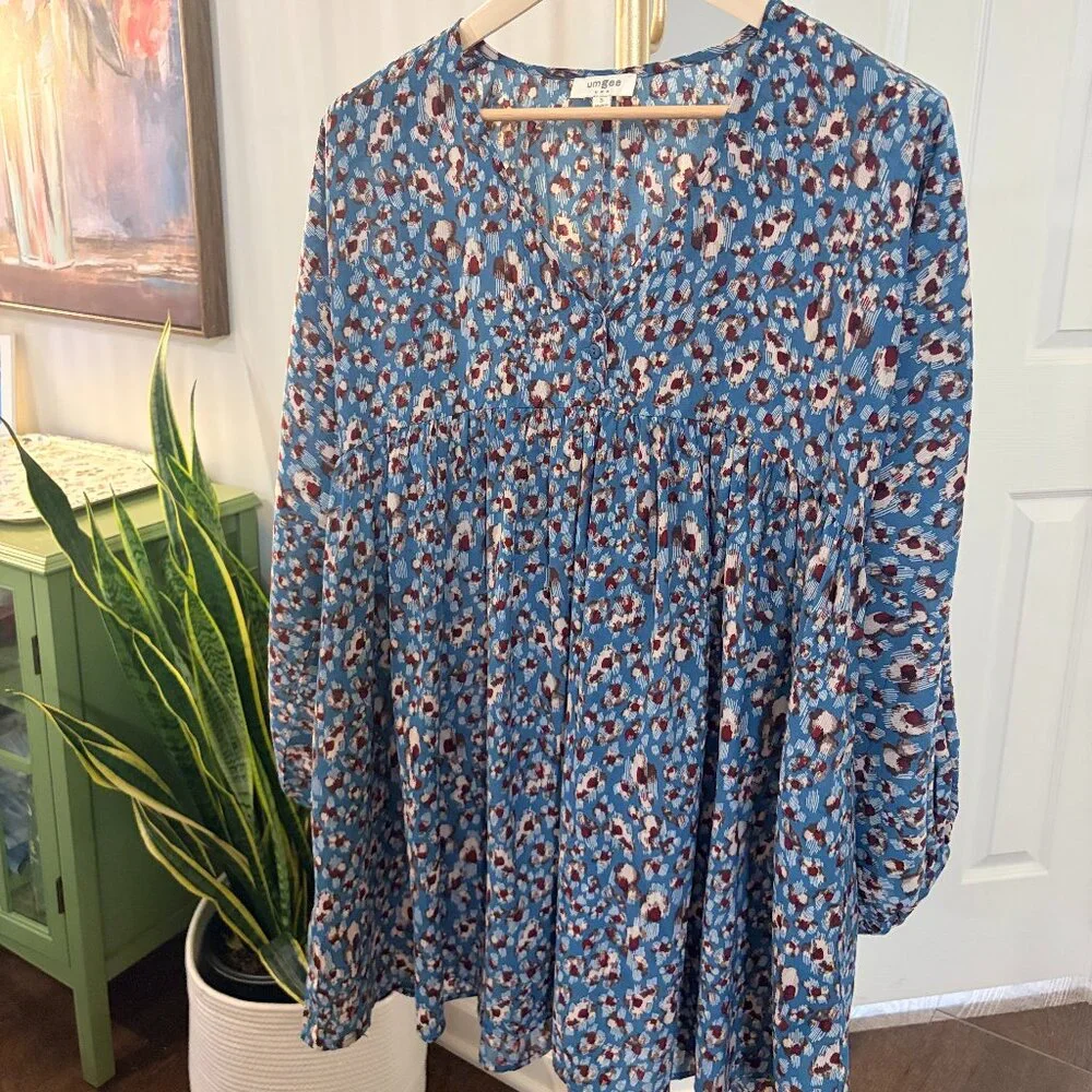 Boho Mini Peasant Baby Doll Dress‎ Tunic Blue Mixed Print Size Small - Picture 2 of 8